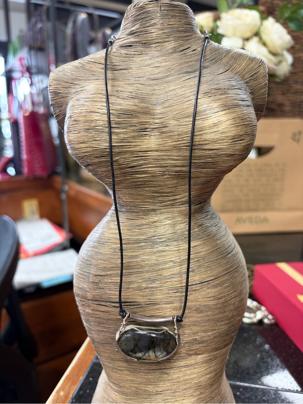 Handmade Black Cord Necklace with Dark Green Stone Pendant